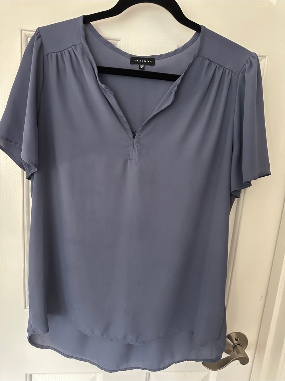 Pleione Slate Blue Split-Neck Flutter Sleeve Blouse